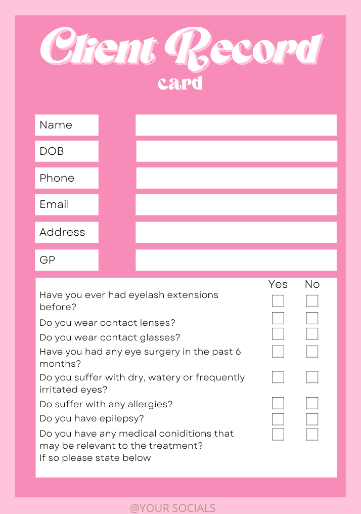 Client Record Card Template The Lash Hause